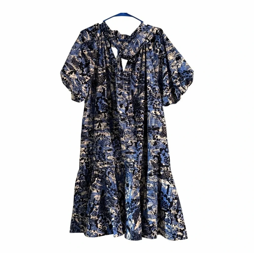 Kate Spade Scenic Stroll Floral Mini Dress XL Blue Tie Back‎ Puff Sleeve Smocked